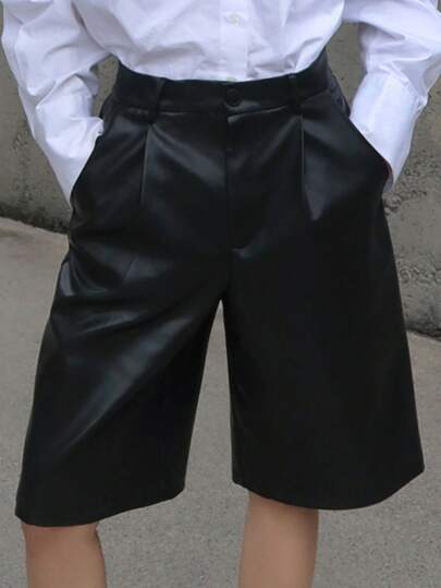 Dazy-Less 女士宽松PU直筒及膝休闲短裤老款商务休闲女式工作服皮短裤秋季