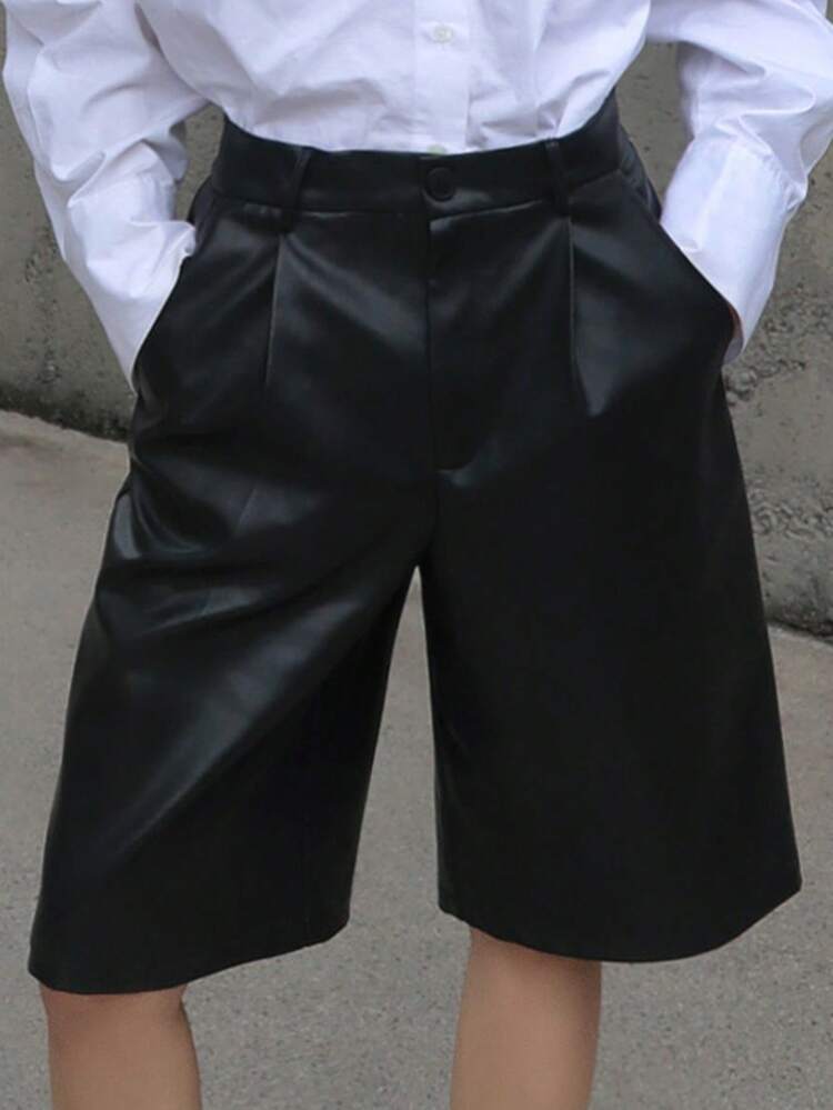 Women's Loose PU Straight Leg Knee Length Casual Shorts Old Money Style Business Casual Woman Work Clothes Leather Shorts Fall