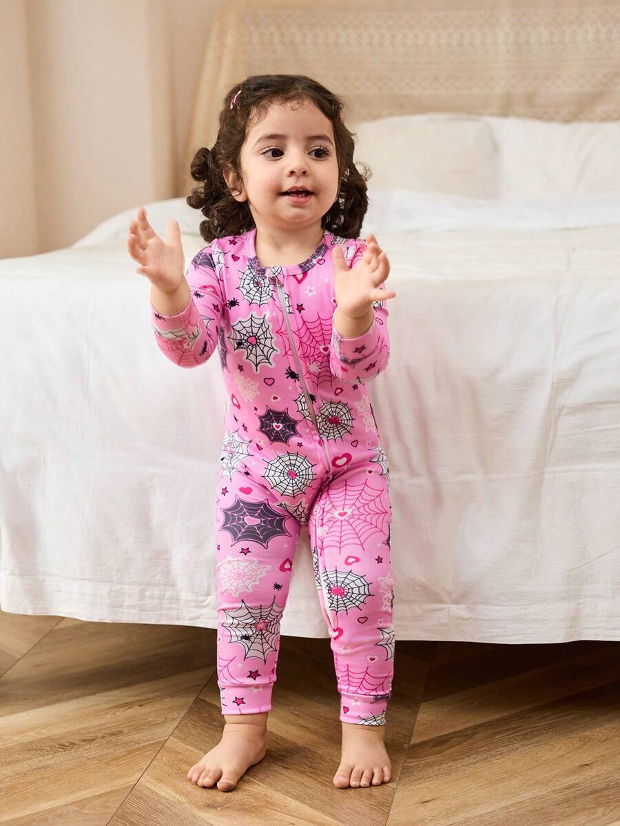 SHEIN Baby Girls' Snug Fit Coverall With Pink Background & Cool Spider Web Print, Long Sleeve, Long Length - Pink - View 1
