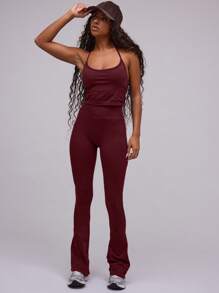 Musera Sport Seamless Halterneck Strap Fitted Activewear Crop Top, Padel, Tennis, Pickleball Gym Fitness Winter - Burgundy - View 5