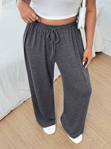 Flirla Plus Size Women's Loose Fit Drawstring Waist Casual Wide Leg Pants - Grey - View 4