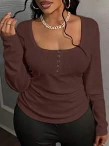 Slaydiva Plus Size Casual Ruched Waist Square Neck Long Sleeve Top - Brown - View 6