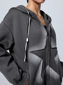 LYSMO Women Star Print Zip-Up Dropped Shoulder Long Sleeve Hoodie Sweatshirt, Autumn,Long Sleeve Tops - Dark Grey - View 5