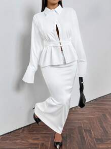 SHEIN Privé Weiße Bluse mit Knöpfen und Bindegürtel Große Größen für Damen, für Herbst/Winter - Weiss - Übersicht 4