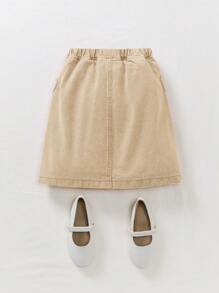 Cozy Pixies Saia longa jeans da moda para meninas com fecho de botão frontal, cós elástico e bolso em formato de coração rosa, roupas para meninas outono inverno volta às aulas