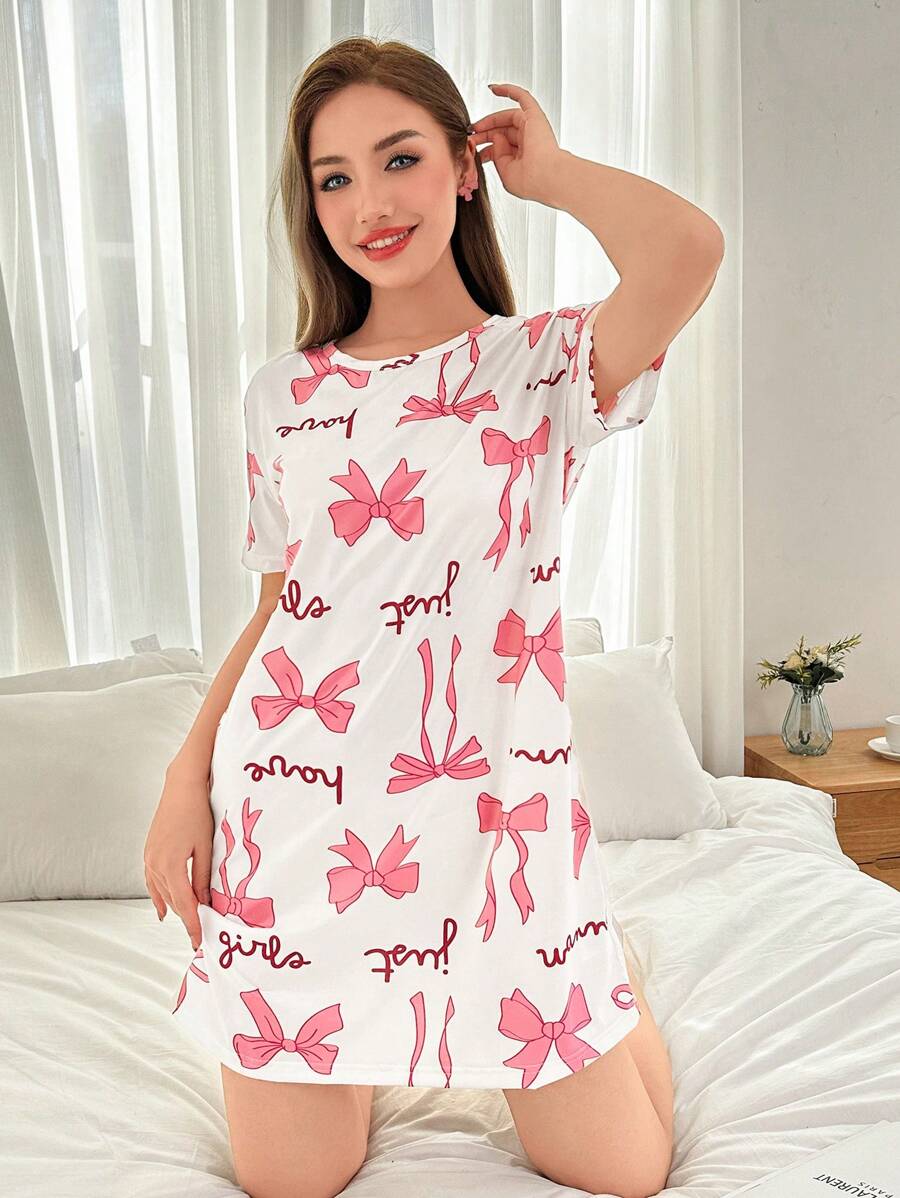 Dream Adore Women's Round Neck Short Sleeve Bowknot Print Casual Sleep Dress