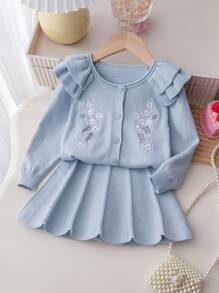 SHEIN Baby Girl Embroidered Sweater Set: Cardigan Top & Skirt - Blue - View 1