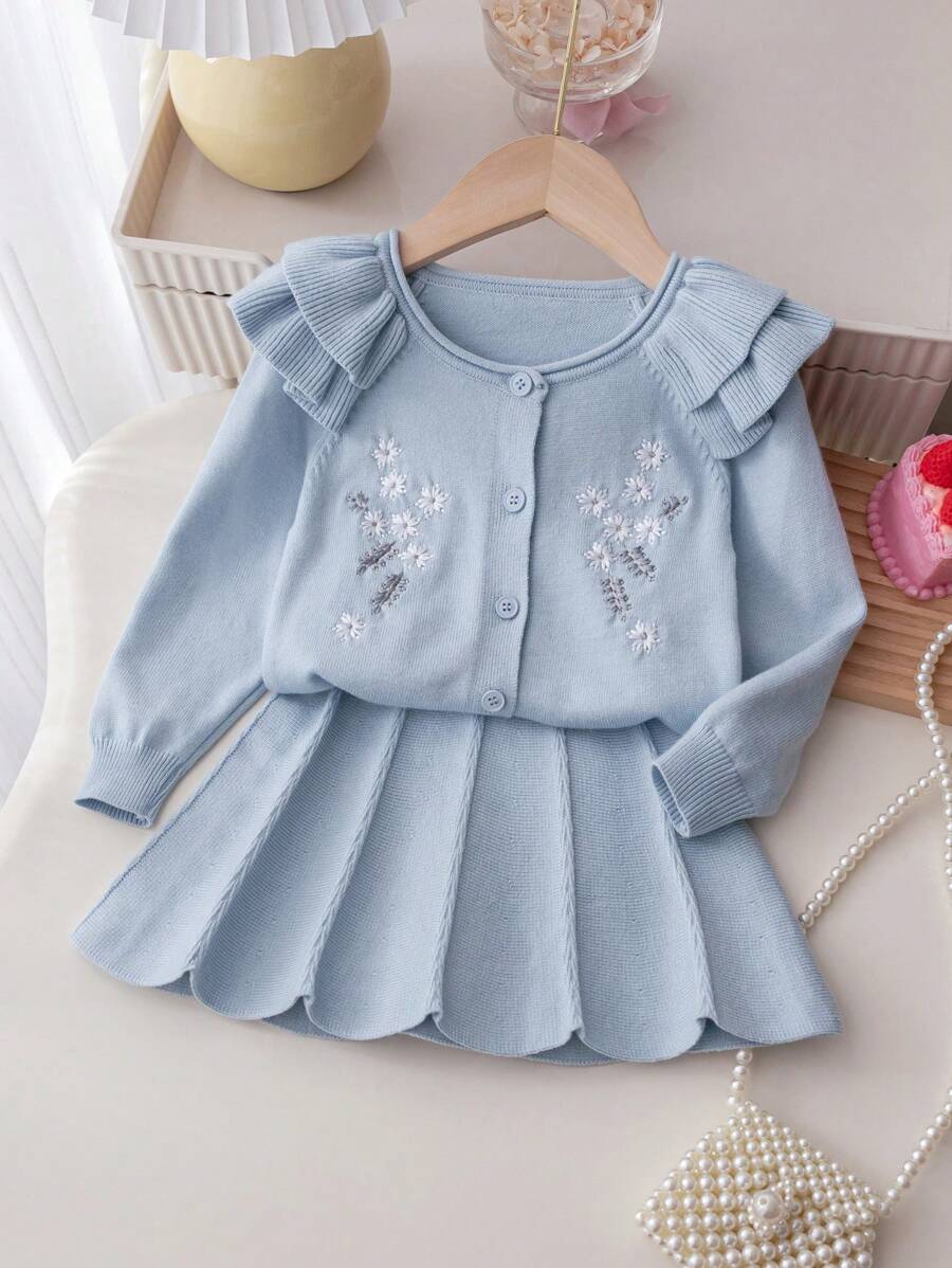 SHEIN Baby Girl Embroidered Sweater Set: Cardigan Top & Skirt - Blue - View 1