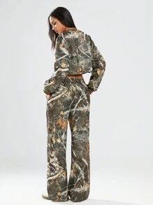 Lunelith SHEIN Lunessa 1 pièce Ensemble femme 2 pièces, sweat-shirt à capuche imprimé branche vert militaire polyvalent et décontracté, et pantalon large