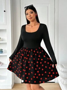 SHEIN EZwear 女士加大码情人节连衣裙情侣款心形图案拼布连衣裙下摆连衣裙长袖方领连衣裙春夏装 - 彩色 - 查看 4