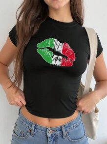 INAWLY Camiseta de mujer de ajuste ceñido, de cuello redondo y manga corta con estampado de labios en los colores de la bandera mexicana