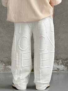 SHEIN 1 件装年轻男童休闲纯色压花字母压花松紧腰直筒裤，带口袋，舒适宽松，适合通勤、上学、日常休闲、度假、旅行、运动、童装、年轻男童服装、男童套装、男童服装、家庭搭配、生日派对、日常、上学、运动、春夏