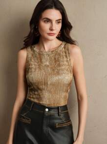 Anewsta Women Distressed Ribbed Crew Neck Tank Top - Brown - View 7