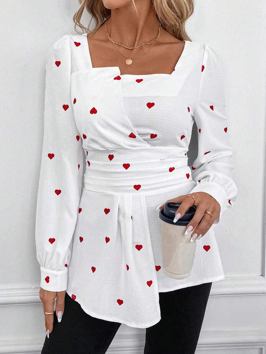 SHEIN Clasi 白色底心形图案束腰女式衬衫，情人节 - 紅白色 - 查看 1