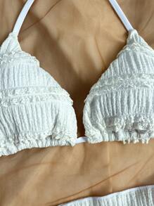 Soleia 3pcs Women's White Jacquard V-Neck Bikini Cover Up Wrap Around Skirt Set, Swim Suits For Women,Vacation Outfit Women,Summer Outfits For Women,Beach Outfits For Women - White - View 3