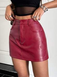 SHEIN EZwear 女士纯色前扣口袋简约休闲 PU 铅笔裙 - 酒紅色 - 查看 4