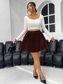 SHEIN Privé Plus Size Solid Color A-Line Pleated Mini Skirt, Casual For Everyday Wear - Burgundy - View 6