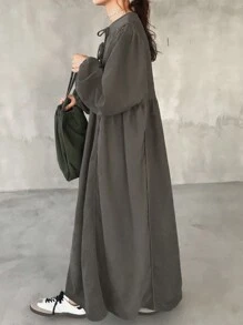FRIFUL Women's Solid Color Front Tie Long Sleeve Simple Casual Long Dress
