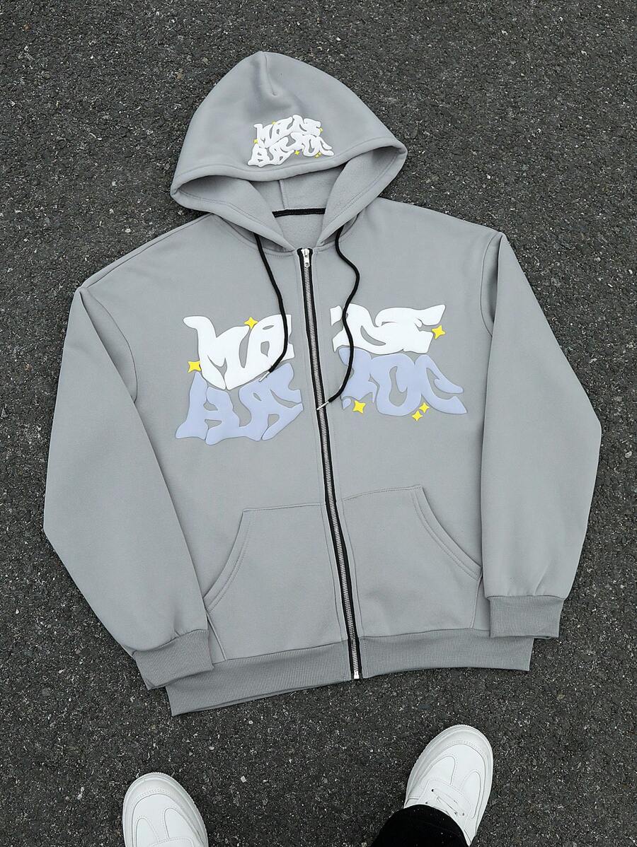 Manfinity EMRG Men's Front Zip Long Sleeve Pocket Printed Casual Hoodie Grey Hood Gray Zip Up Hood Men Graphics Zip Up, For Fall - Grey - View 1