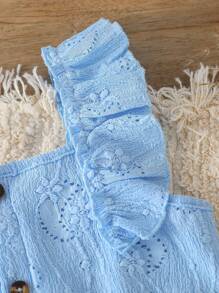 SHEIN 2024春秋新款少女可爱甜辣两件套：提花面料盖袖吊带上衣+甜美荷叶边下摆半身裙，韩版少女可当装，童装 - 藍色 - 查看 4