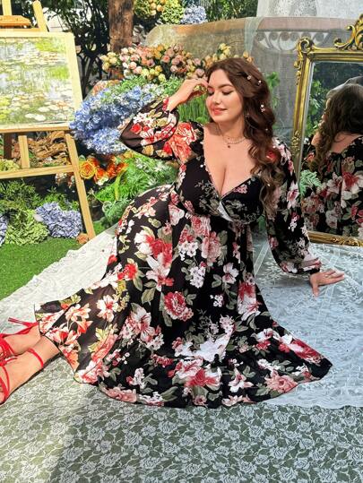 Lyrianda Plus Size Square Neck Long Sleeve Chiffon Floral Print A-Line Midi Dress, Elegant Vintage Resort Style For Women