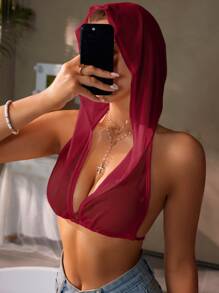 SHEIN Swim Women Solid Color Casual Simple Style Cover-Up, Everyday Wear Summer - Burgundy - View 4