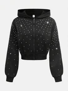 SHEIN Girlism Teen Girls All-Match Versatile Zipper Hooded Short Sweatshirt, White/Solid Color, Casual Wear, Diamond Embellished - Black - View 1