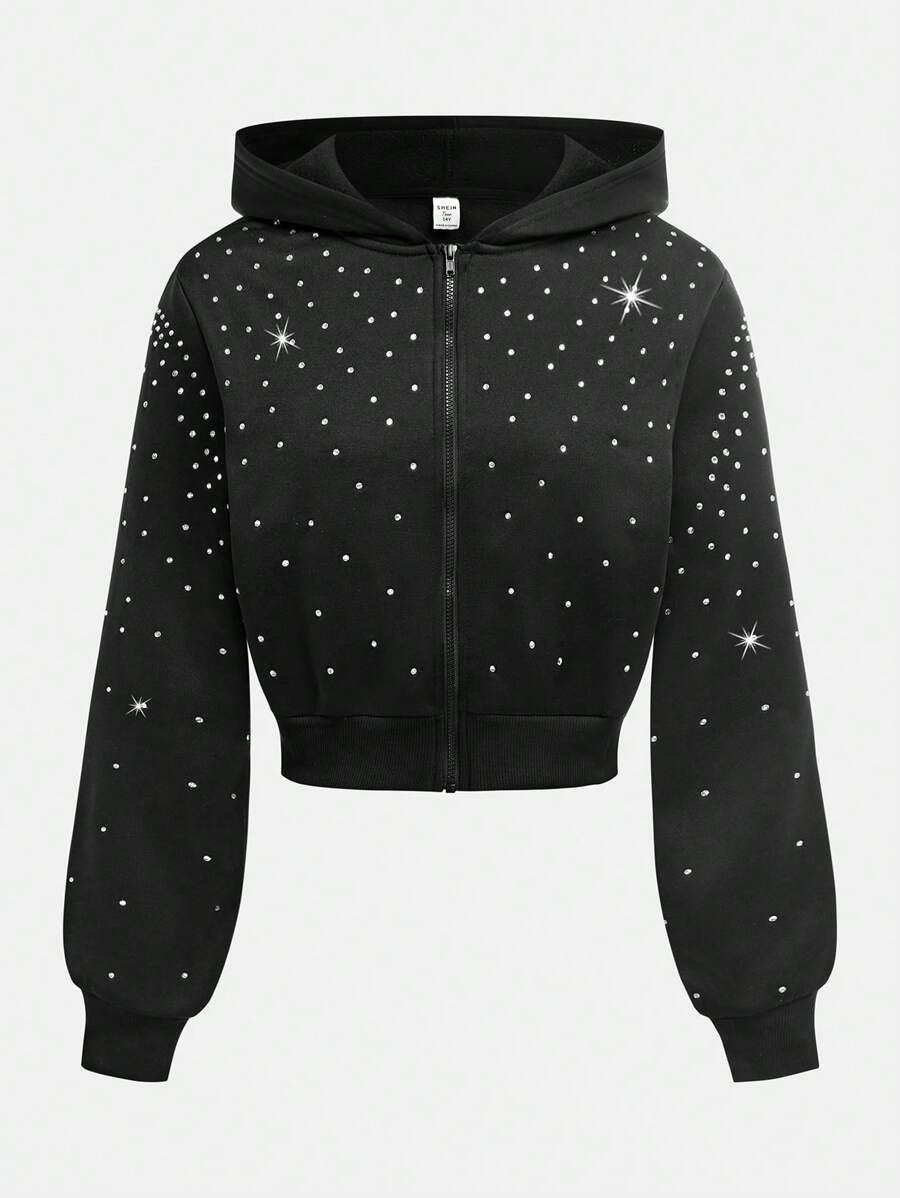 SHEIN Girlism Teen Girls All-Match Versatile Zipper Hooded Short Sweatshirt, White/Solid Color, Casual Wear, Diamond Embellished - Black - View 1