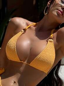 SHEIN Swim SXY طقم بكيني نسائي مصنوع من مواد ذات ملمس خاص على شكل عقدة من الخيزران، مناسب للصيف - أصفر - مشاهدة 4