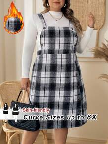 SHEIN CURVE+ Plus Size Women's Casual Checkered Button Front Shoulder Strap Dress, Autumn