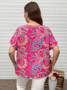 SHEIN LUNE Plus Size Women Notch V-Neck Short Sleeve Printed Casual Blouse Valentine Summer Outfits For Women Summer Spring Clothes Spring Outfits For Women Summer Boho Old Money