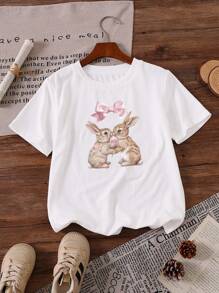 SHEIN Tween Girls Casual Rabbit & Bow Print Short Sleeve T-Shirt - White - View 1