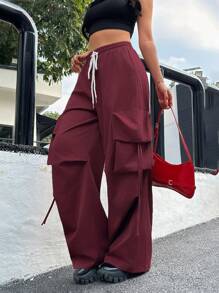 Flirla Plus Size Cargo Style Elastic Waist Baggy Pants, Plus Size