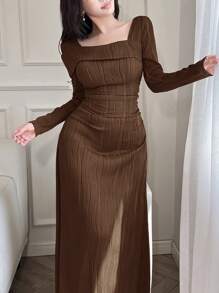 Feyla Women's Solid Color Square Neck Long Sleeve Textured Simple Arabic Style Dress Long Evening Dresses - Coffee Brown - View 3