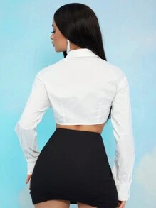 SHEIN BAE 纯色短款衬衫，长袖上衣 - 白色 - 查看 2