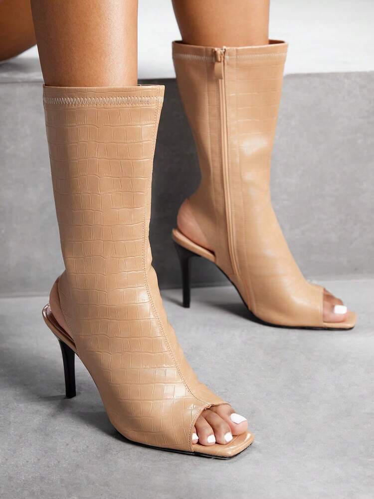 High Heel Crocodile Pattern Peep Toe Ankle Boots