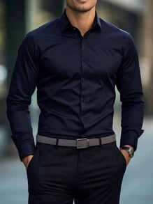 Manfinity Homme Camisa casual de negocios de botones de color liso para hombres, temporada de otoño