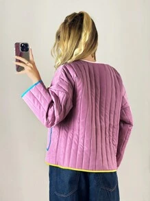 Forever 21 1 件女式宽松翻领长袖口袋加厚外套，适合冬季 - 紫色 - 查看 2