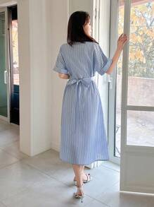 DAZY Women Striped Waistband Shirt Dress, Mid-Length Sundress,Casual Women Dresses