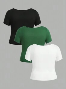 SHEIN EZwear Bộ 3 Áo thun tay ngắn cổ bẻ cỡ lớn màu đen, trắng, xanh lá cây - Nhiều màu - Xem 2