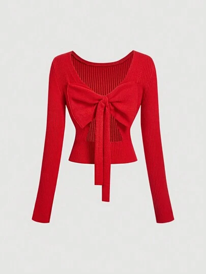 SHEIN MOD 优雅红色蝴蝶结针织毛衣，适合新年女士情人节
