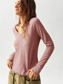 Bohemela 女士度假波西米亚风 V 领长袖宽松 T 恤秋冬休闲 - 藕粉色 - 查看 6