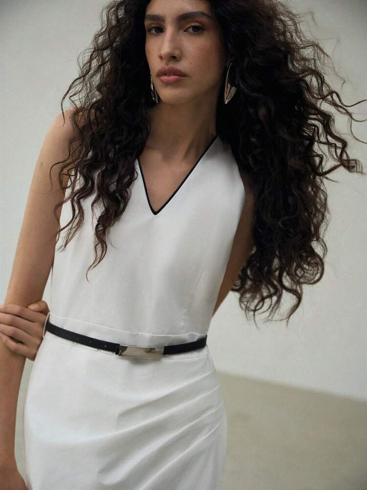 CONTRAST TRIM SPLIT HEM MIDI DRESS WITH BELT
