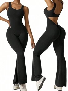 SHEIN Privé Pantalones de pierna ancha de unicolor para yoga de verano de talla grande para mujeres con diseño calado, overol negro entallado de una pieza tipo mono - Negro - Ver 1