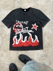 SHEIN 1pc Teen Boys Oversized High-Street Retro Red And White Flame Face Graffiti Text Pentagram Halloween Print Black Dropped Shoulder Snow Wash T-Shirt, Spring Wear
