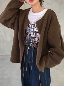 FRIFUL Women Plain Front Tie Long Sleeve Simple Jacket, Casual Daily Wear - Brown - View 3