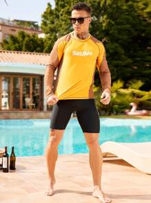 Manfinity Swimmode 男士冲浪印花长袖 T 恤，休闲简约日常穿着 - 黃色 - 查看 3