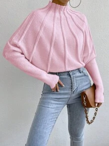 Chiquease Women's Solid Color Stand Collar Batwing Sleeve Casual Pullover Sweater, Autumn And Winter,Long Sleeve Tops, Knit Pullover Fall - Pink - View 5
