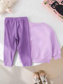 SHEIN 2pcs Baby Girl Cute Pink Bow Sweatshirt And Elastic Waist Pants Set, Autumn/Winter - Multicolor - View 2