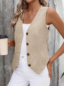 SHEIN LUNE Solid Button Front Vest Blazer Corduroy In Fall/Winter,Casual - White - View 6